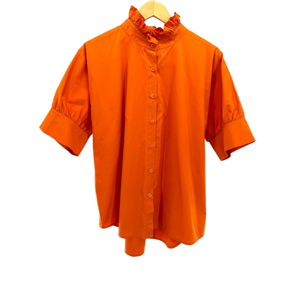 Heidi Houston Orange Cotton Poplin Ruffle Neck Puff Sleeve Button Down Blouse XL
